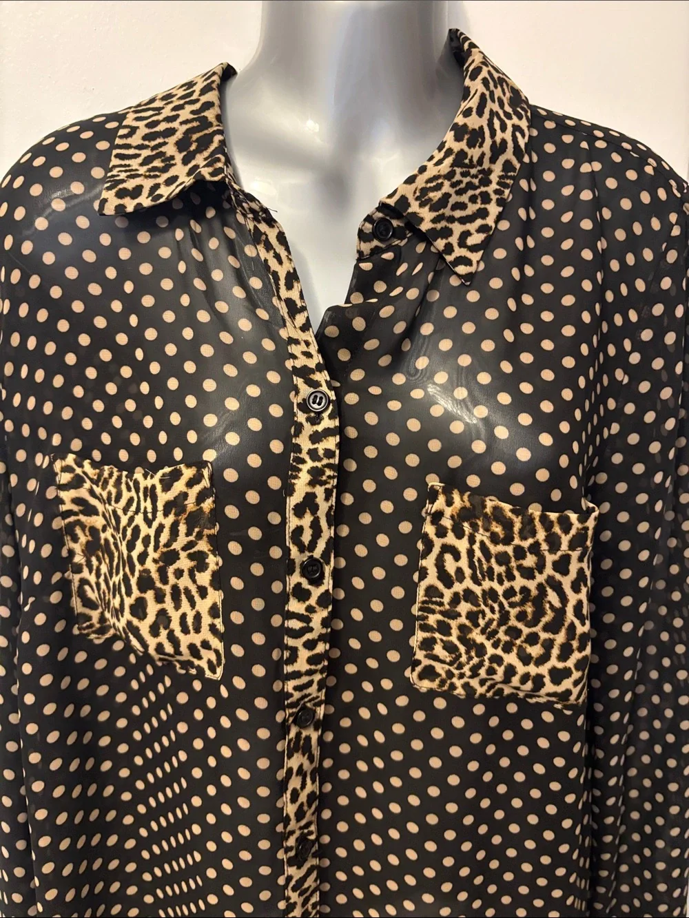 INC International Concepts Black Sheer Polka Dot Blouse with Leopard Trim - Picture 4 of 4